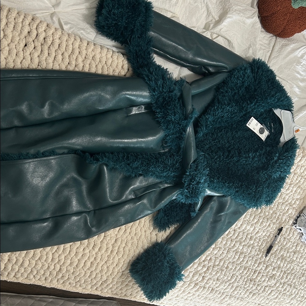 Silence and Noise / UO  Teal faux leather Jacket with Faux Fur Trim